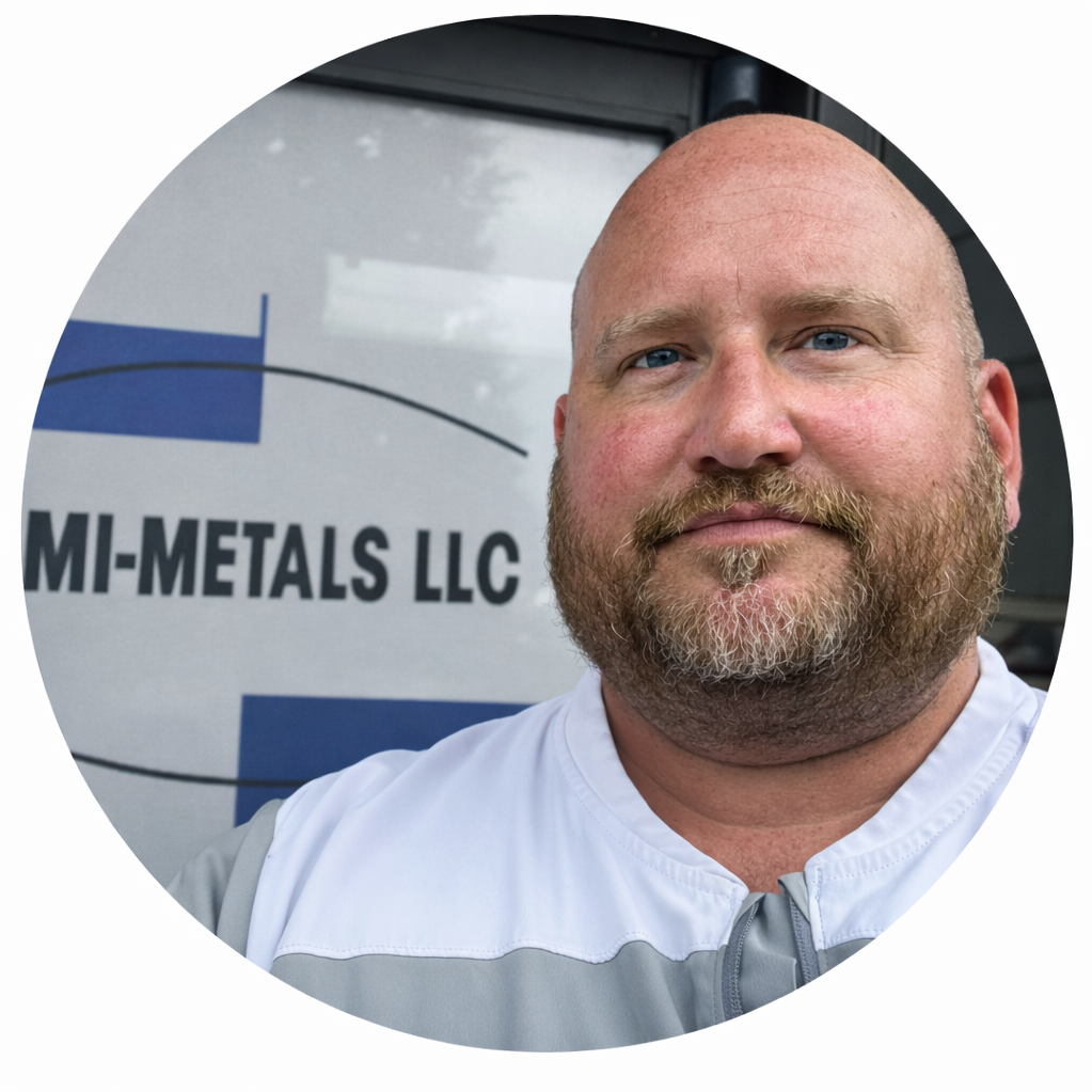 A bald man in a gray and white shirt in front of a window displaying the Semi-Metals logo